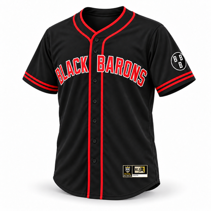 Birmingham Black Barons NLB Remix Jersey — black front with red and white lettering, double red trim, and BBB left sleeve patch