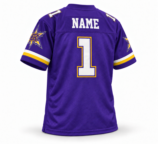 2001 Birmingham Bolts purple jersey back three-quarter mockup, white NAME and number 1
