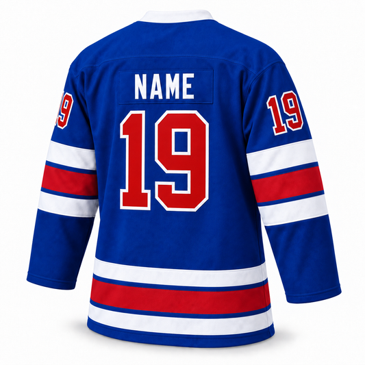 Birmingham Bulls custom hockey jersey in blue, back mockup with NAME and number 19