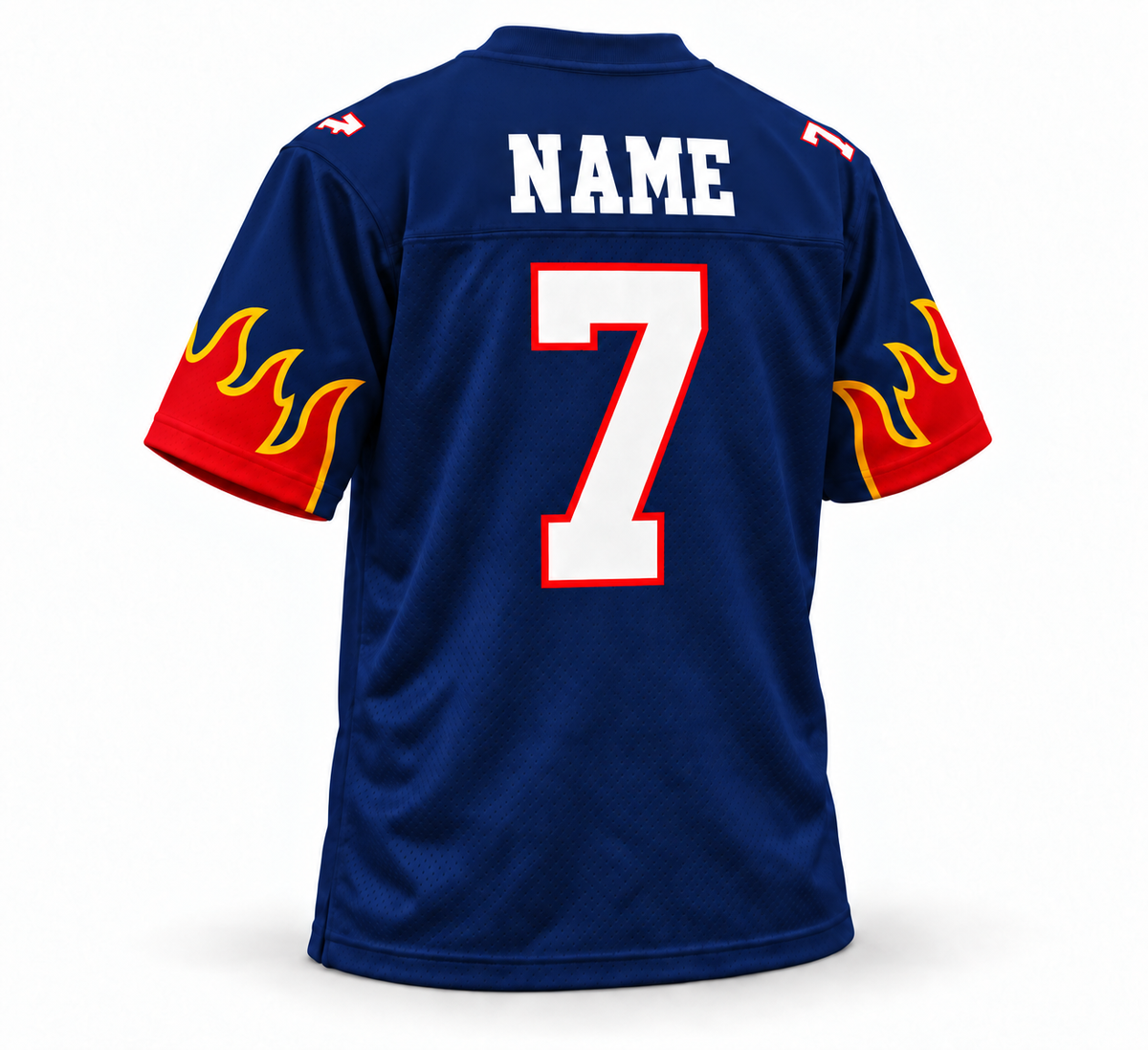 Birmingham Fire WLAF jersey navy back, NAME and number 7, red and yellow sleeve flames