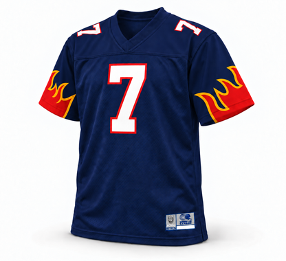 Birmingham Fire WLAF jersey navy front, number 7, red and yellow sleeve flames