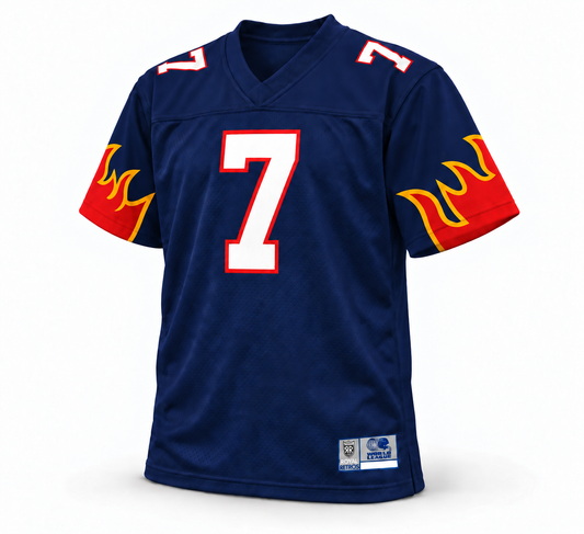 Birmingham Fire WLAF jersey navy front, number 7, red and yellow sleeve flames