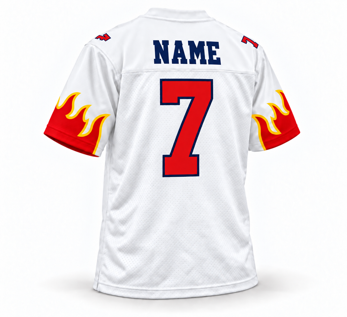 Birmingham Fire WLAF jersey white back, navy NAME and red number 7, sleeve flames