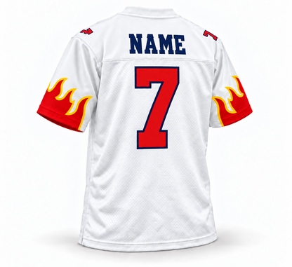 Birmingham Fire WLAF jersey white back, navy NAME and red number 7, sleeve flames