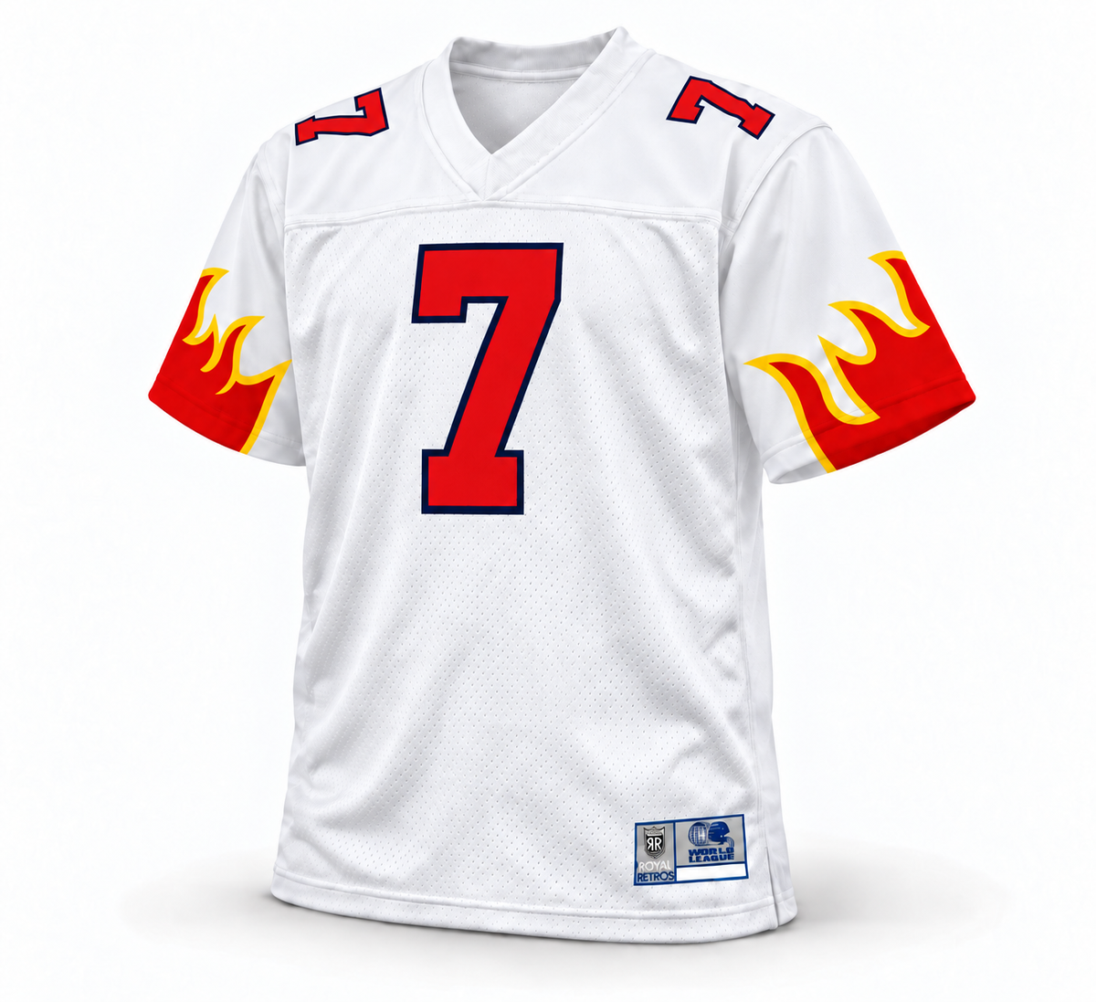 Birmingham Fire WLAF jersey white front, red number 7 with navy outline, sleeve flames