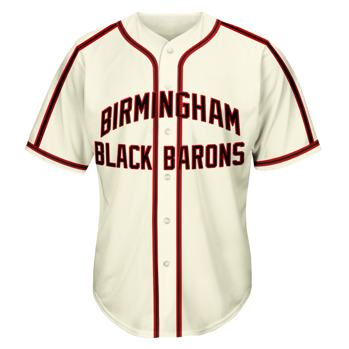 1959 Birmingham Black Barons across chest in black with orange trim. white Jersey with black and orange piping. Royal Retros