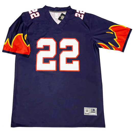 Birmingham Fire WLAF Jersey blue with white #22 and flames on sleeves Royal Retros