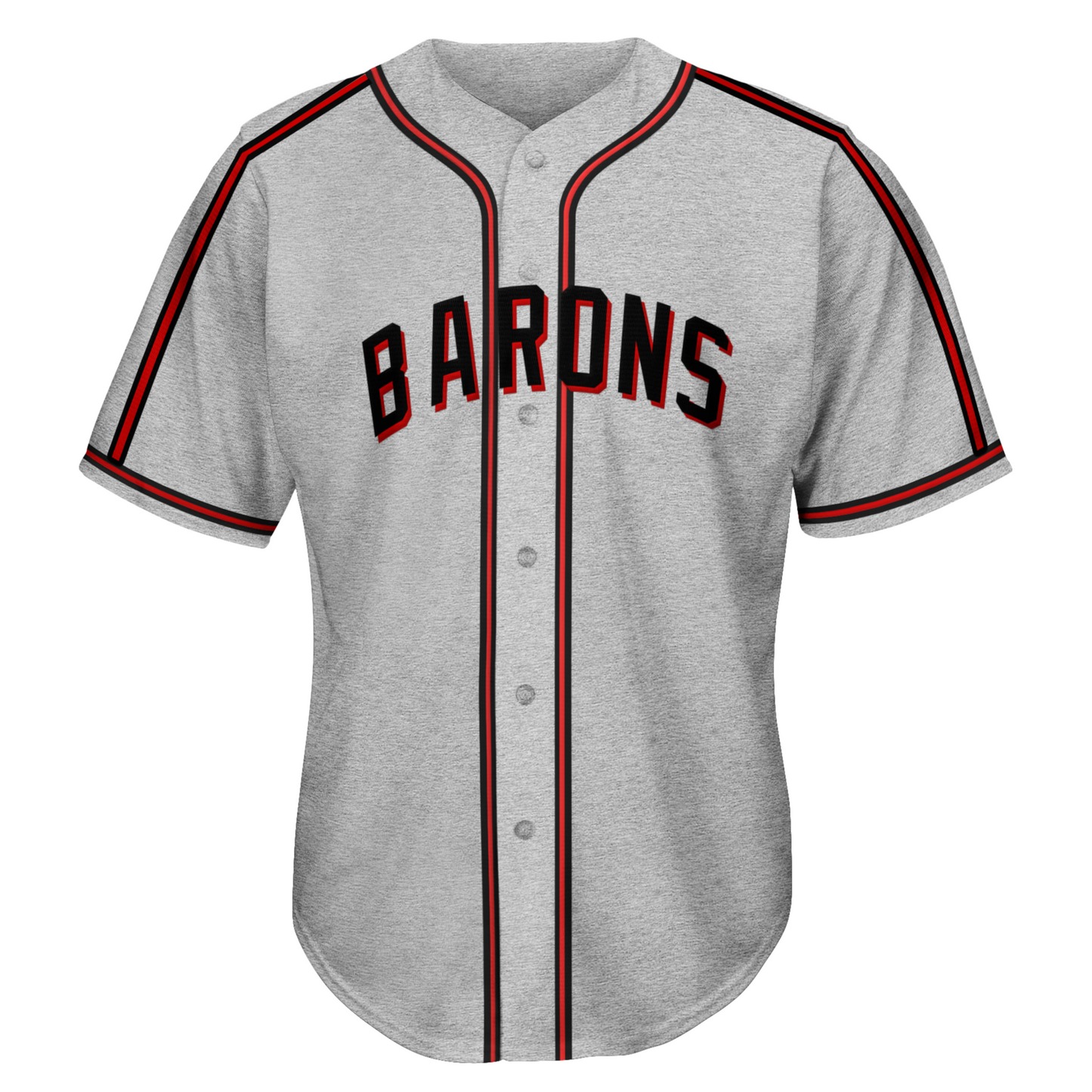 Birmingham Black Barons gray jersey with black and orange piping. Barons in black across chest Royal Retros