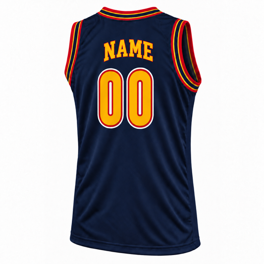 Boots X RR Denver Basketball Jersey — navy back mockup, number 00, yellow NAME with red outline