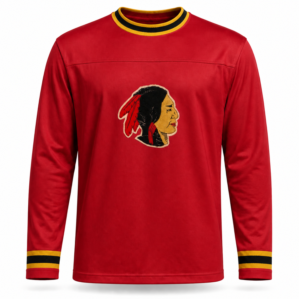 Boston Redskins Jersey. Cardinal red long sleeve. Gold and black striped collar and cuffs. Felt chest patch depicting a Native American head in profile.