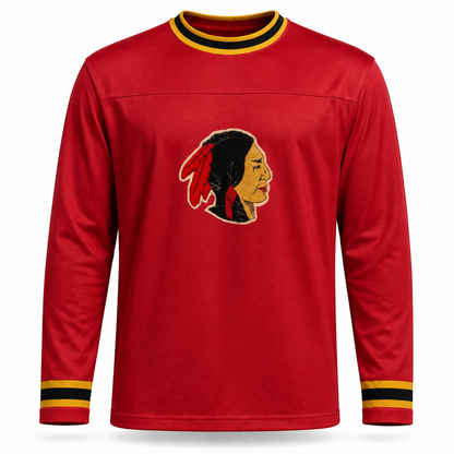Boston Redskins Jersey. Cardinal red long sleeve. Gold and black striped collar and cuffs. Felt chest patch depicting a Native American head in profile.