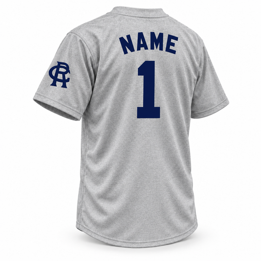 Boston Royal Giants NLB jersey, gray wool-pattern back with navy block NAME and number 1 without outline, navy left-sleeve monogram and plain gray collar and cuffs.