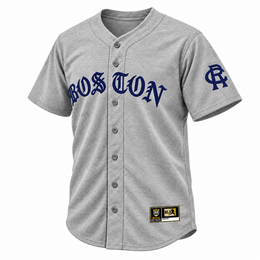 Boston Royal Giants NLB jersey, gray wool-pattern front with navy Old English BOSTON lettering lowered between buttons, S clear of seam, navy left-sleeve monogram and NLB jock tag.