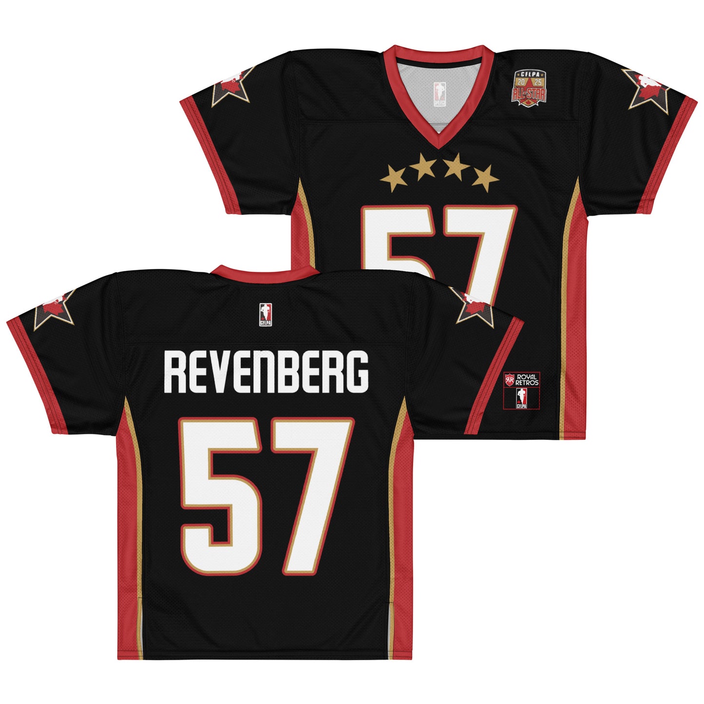 2025 CFLPA All-Star Replica Jersey. Black. Front and Back. Red collar and sleeve ends. Four gold stars over large white name over large white numerals with red trim. Gold, red, and gold stripes up sides. Royal Retro