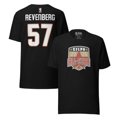 2025 CFLPA All Star Player T-Shirt. Black. Back upper right. Name in large letters across top of back in white. Large white numerals with red trim, below. Front, lower right. Shield with white trim. Inside is CFLPA in white over black with two gold stars on either side. Large star on gold background in shield below, with 20 in white on one side of point, 25 on right. ALL-STAR in red with white and black trim across bottom part of shield, red maple leaft at bottom of shield. Royal Retros
