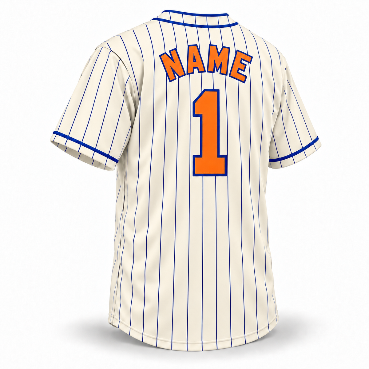 Brooklyn Royal Giants NLB jersey, cream pinstripe back with orange NAME and number 1 outlined in royal blue.