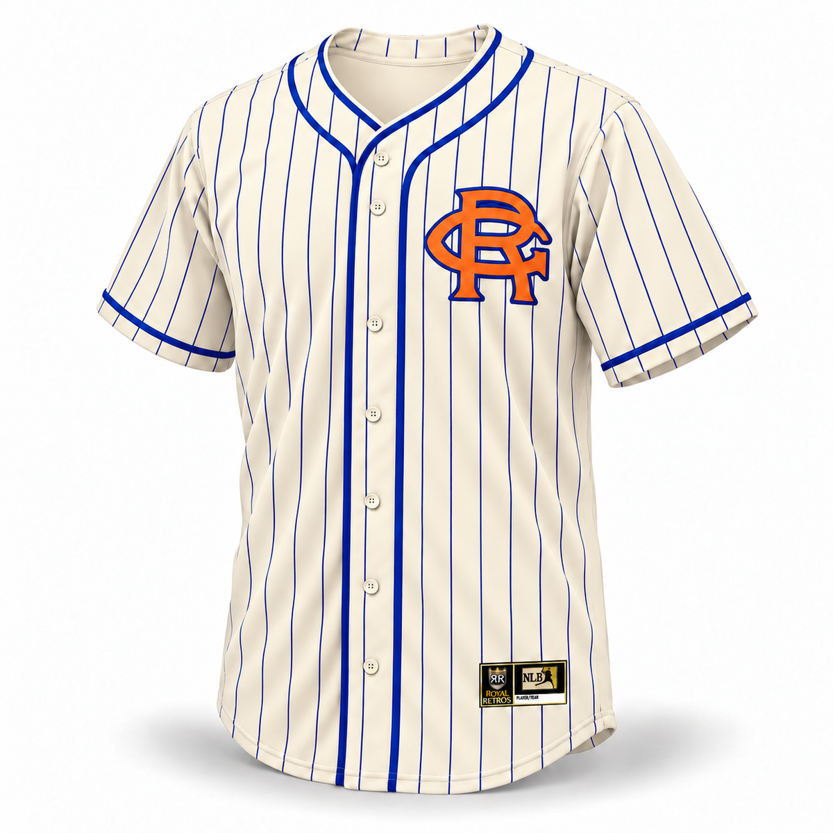 Brooklyn Royal Giants NLB jersey, cream front with royal blue pinstripes and piping, orange monogram outlined in royal.