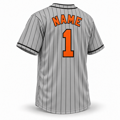 Brooklyn Royal Giants NLB jersey, smooth gray pinstripe back with orange NAME and number 1 outlined in black.