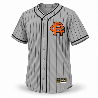 Brooklyn Royal Giants NLB jersey, smooth gray front with black pinstripes and piping, orange monogram outlined in black.