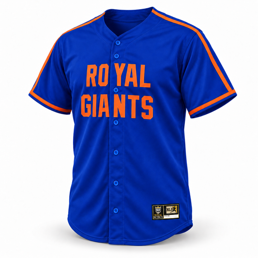 Brooklyn Royal Giants NLB jersey, royal blue front with orange Royal Giants lettering and sleeve stripes.
