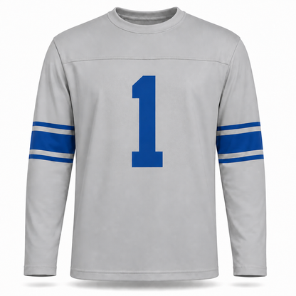 Buffalo AAFC Bisons Jersey. Gray long sleeve. Two royal blue bands separated by a gray stripe on each forearm. Royal blue #1 large on the chest.