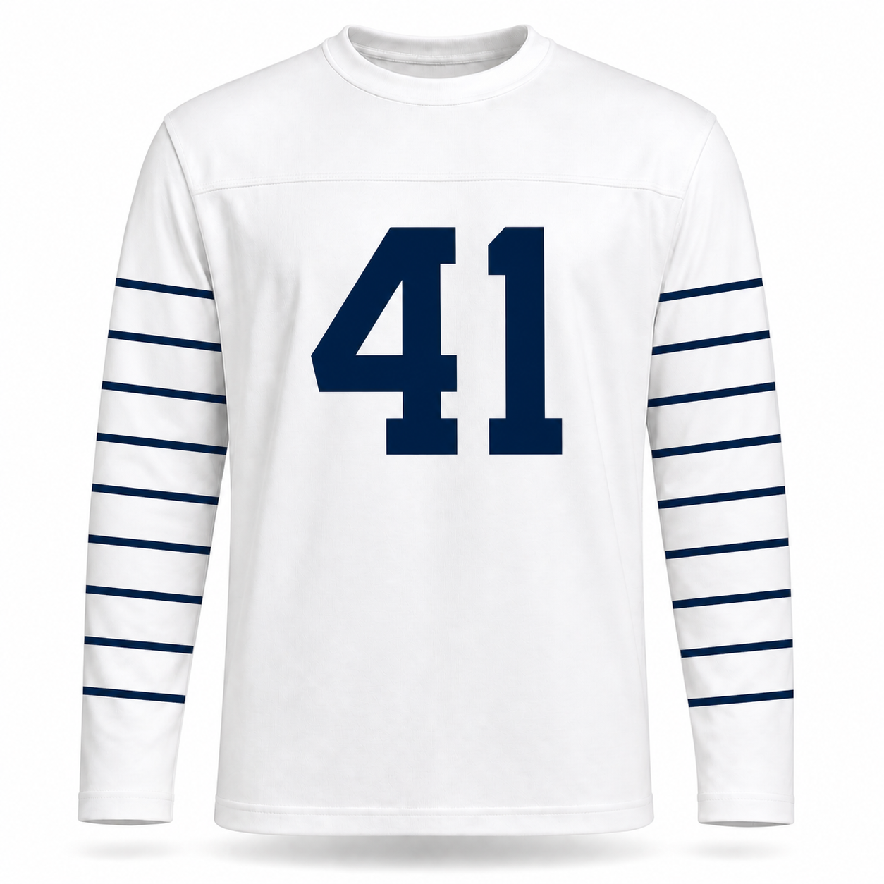Buffalo AAFC Bisons Jersey. White long sleeve with six navy stripes down each sleeve. Navy #41 large on the chest.
