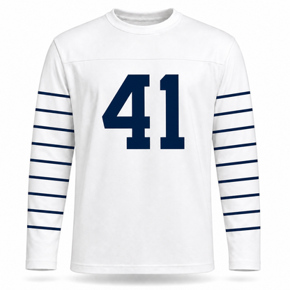 Buffalo AAFC Bisons Jersey. White long sleeve with six navy stripes down each sleeve. Navy #41 large on the chest.