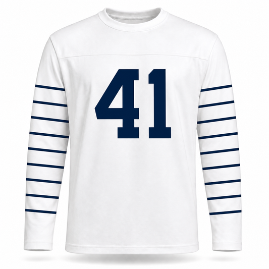 Buffalo AAFC Bisons Jersey. White long sleeve with six navy stripes down each sleeve. Navy #41 large on the chest.