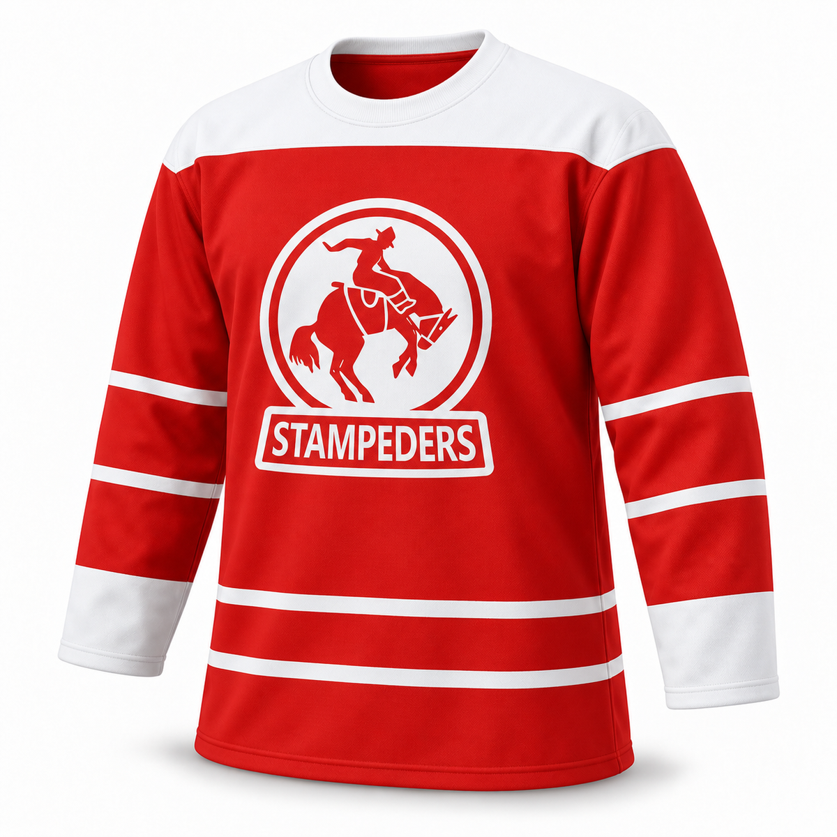 Calgary Stampeders WHL red jersey front, round neck, straight-across white shoulder panel.