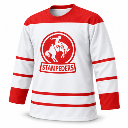 Calgary Stampeders WHL white jersey front, round neck, straight-across red shoulder panel.