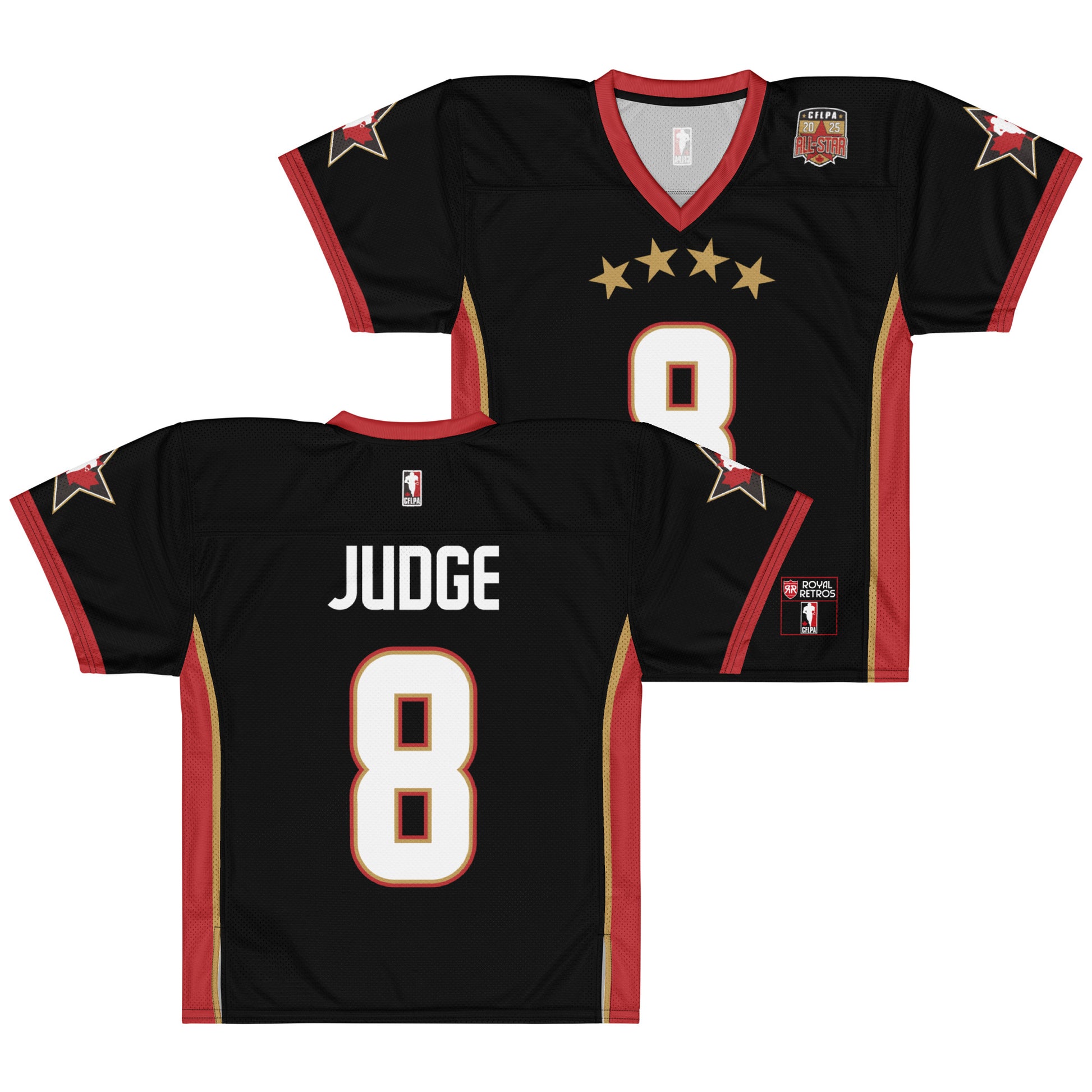 2025 CFLPA All-Star Replica Jersey. Black. Front and Back. Red collar and sleeve ends. Four gold stars over large white name over large white numerals with red trim. Gold, red, and gold stripes up sides. Royal Retro