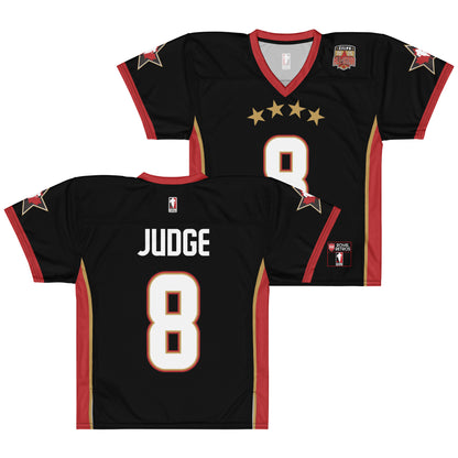 2025 CFLPA All-Star Replica Jersey. Black. Front and Back. Red collar and sleeve ends. Four gold stars over large white name over large white numerals with red trim. Gold, red, and gold stripes up sides. Royal Retro