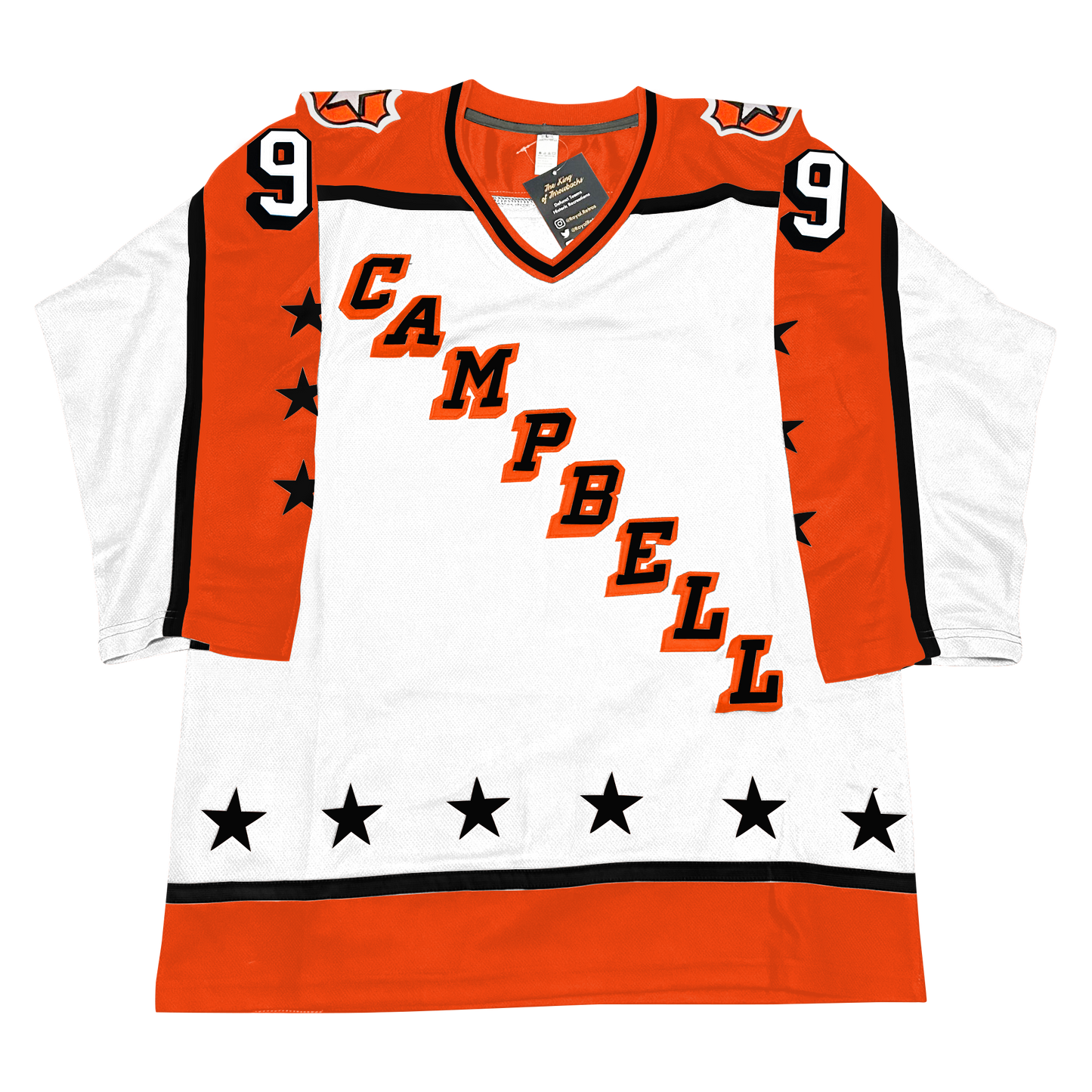 Clarence Campbell Conference All-Star jersey. White. Half white, half orange sleeve separated by a black band. Three black stars on orange part. Orange shoulders with white trim. "CAMPBELL" in black with orange shadow diagonal left down to right. Orange band with black trim at waist with six black stars above. #9 white with black shadowing on black part of upper sleeves. Royal Retros
