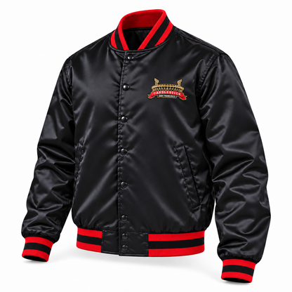 Candlestick black satin varsity jacket, three-quarter front view. Gold stadium crest with red CANDLESTICK ribbon on the left chest and red-black-red rib-knit trim.