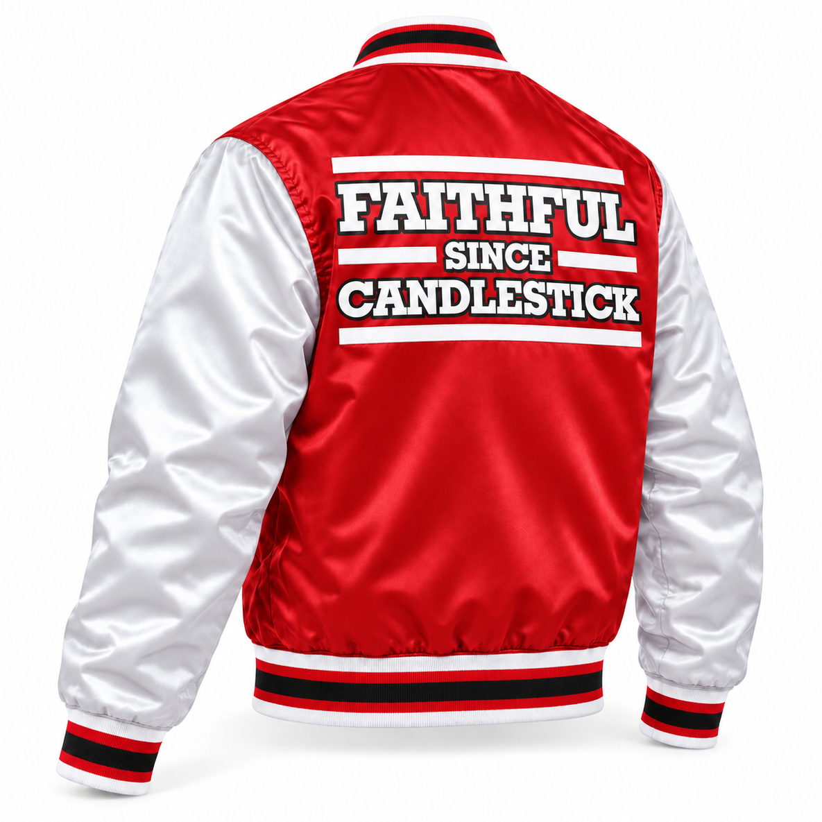 Candlestick red satin varsity jacket with white satin sleeves, three-quarter back view. White FAITHFUL SINCE CANDLESTICK lettering outlined in black, white bars and matching striped rib-knit trim.