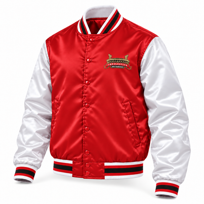 Candlestick red satin varsity jacket with white satin sleeves, three-quarter front view. Stadium chest crest and white-red-black-red-white rib-knit trim.