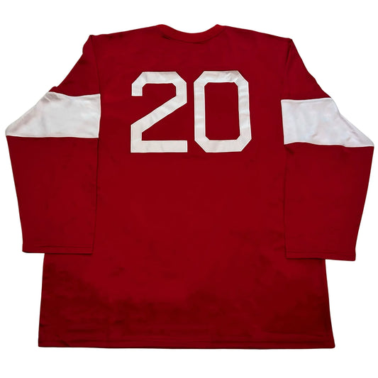 Canton Football Jersey, back view. Long sleeve with a wide white band across each upper sleeve. Large white number 20 centered on the back.