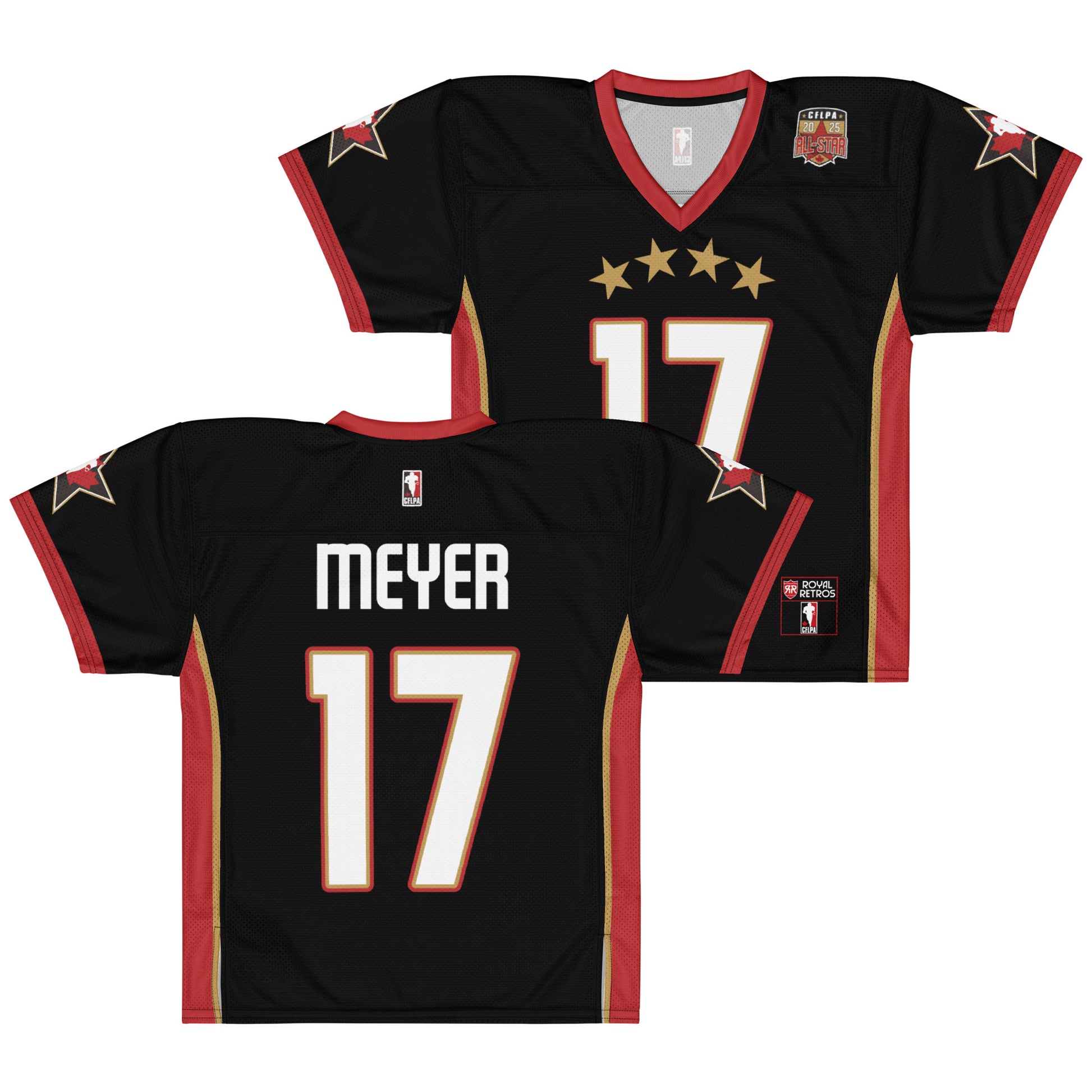 2025 CFLPA All-Star Replica Jersey. Black. Front and Back. Red collar and sleeve ends. Four gold stars over large white name over large white numerals with red trim. Gold, red, and gold stripes up sides. Royal Retro