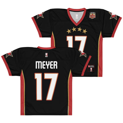 2025 CFLPA All-Star Replica Jersey. Black. Front and Back. Red collar and sleeve ends. Four gold stars over large white name over large white numerals with red trim. Gold, red, and gold stripes up sides. Royal Retro