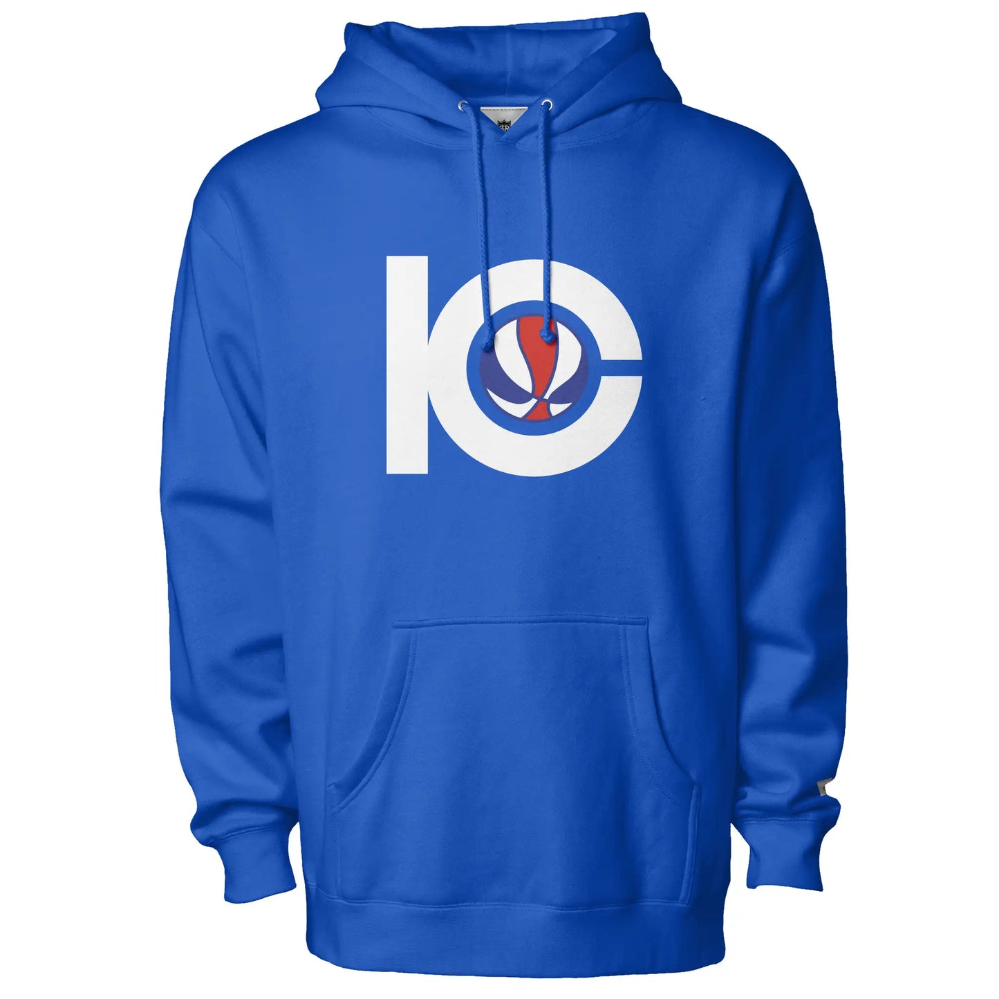 Kentucky Colonels hoodie in royal blue with a white interlocking KC monogram and a red and blue basketball set inside the C at center chest