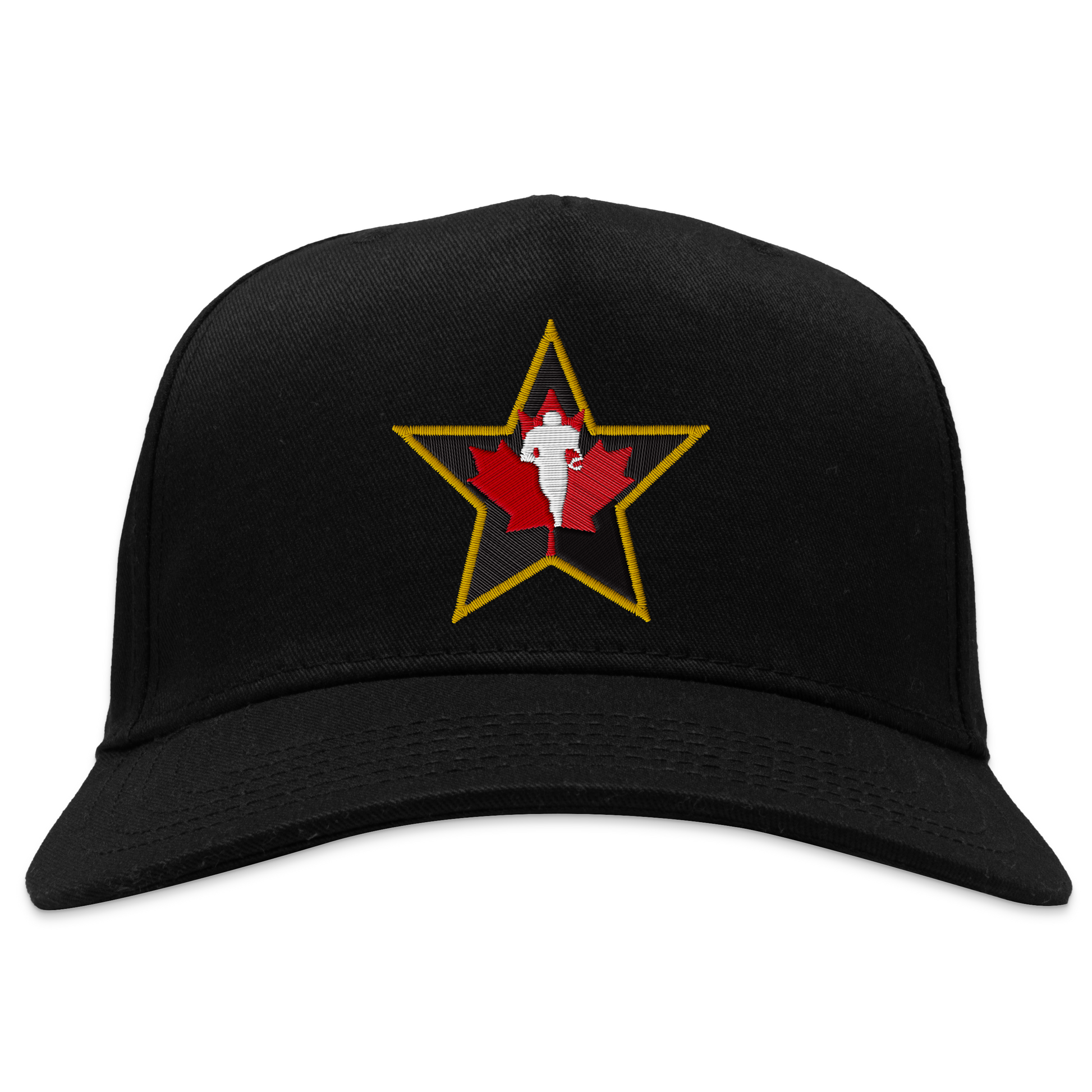 CFLPA snapback hat. Black. Black star with gold trim. Red maple leaf inside with silhouette in white of player over top. Royal Retros 