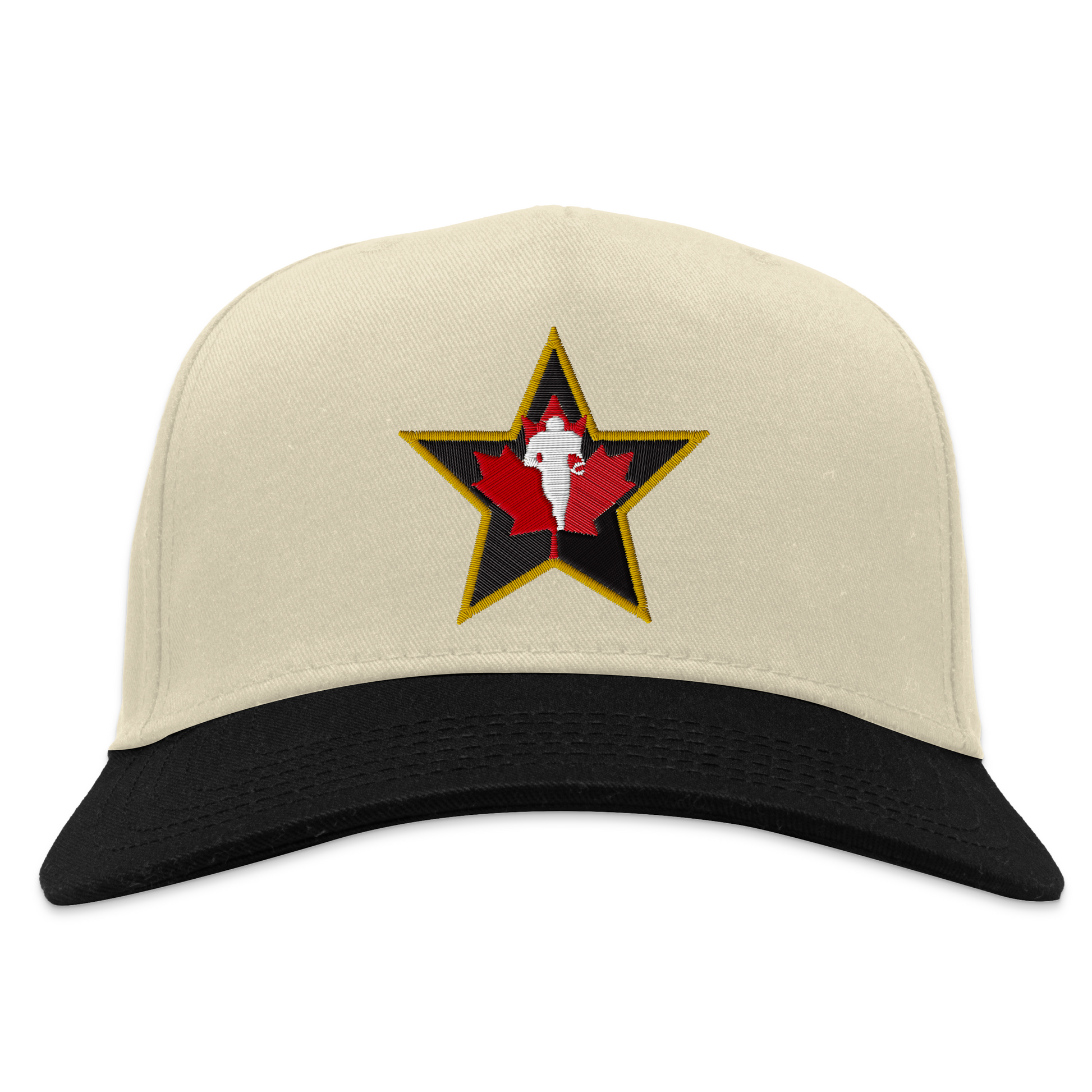 CFLPA snapback hat. White with black bill. Black star with gold trim. Red maple leaf inside with silhouette in white of player over top. Royal Retros 