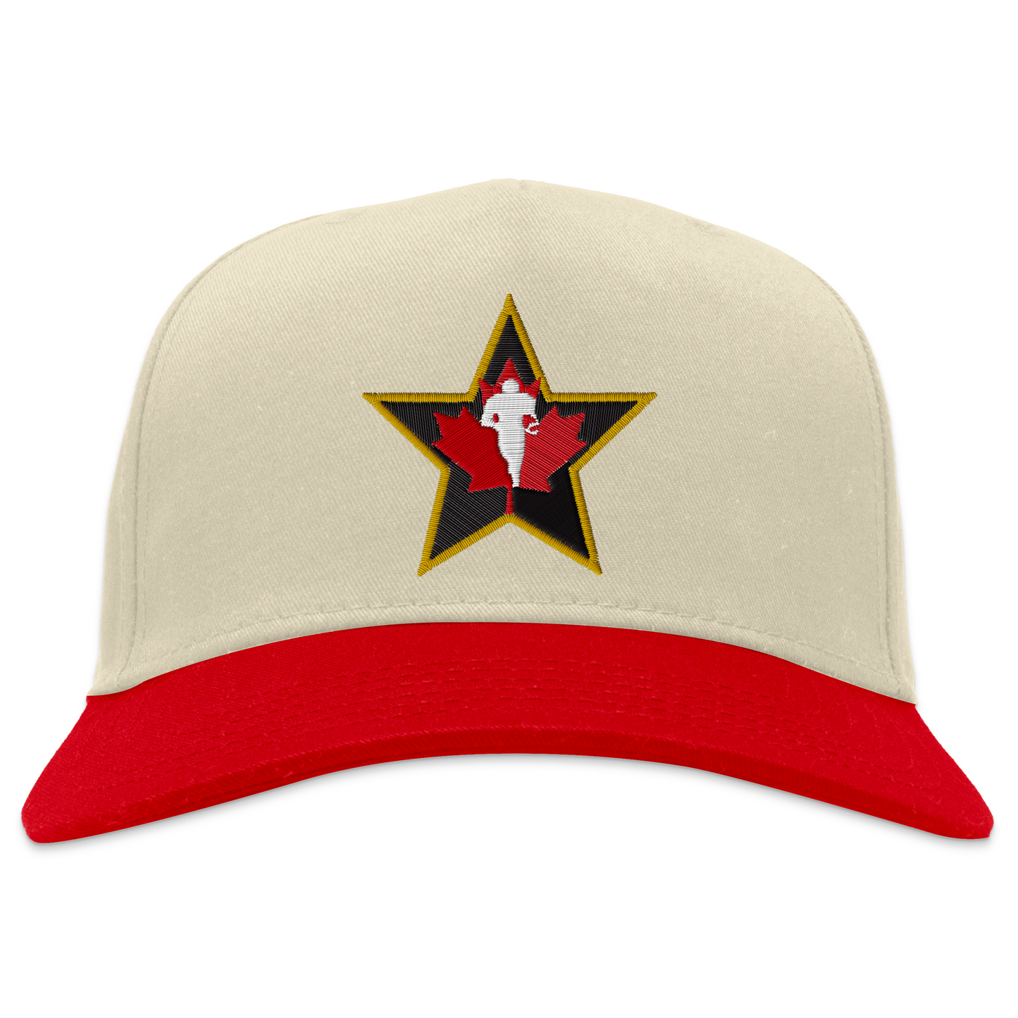CFLPA snapback hat. White with red bill. Black star with gold trim. Red maple leaf inside with silhouette in white of player over top. Royal Retros 
