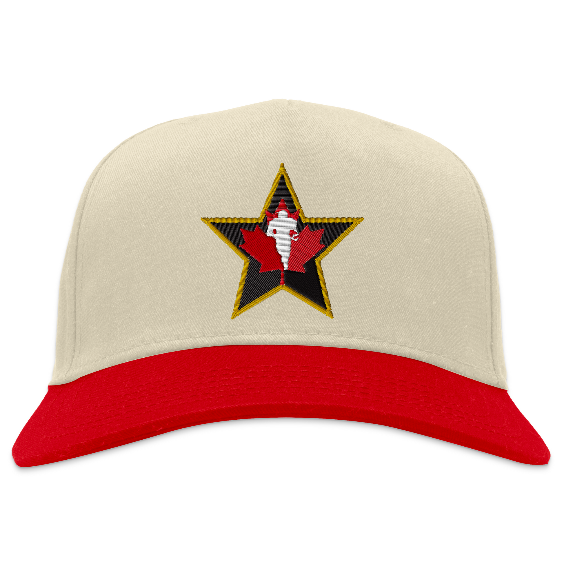 CFLPA snapback hat. White with red bill. Black star with gold trim. Red maple leaf inside with silhouette in white of player over top. Royal Retros 