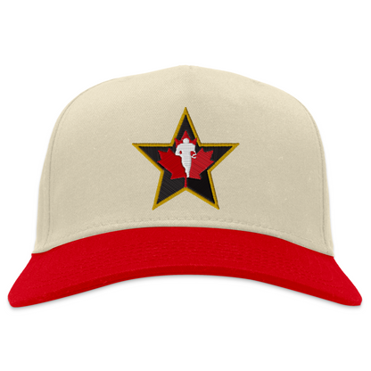 CFLPA snapback hat. White with red bill. Black star with gold trim. Red maple leaf inside with silhouette in white of player over top. Royal Retros 
