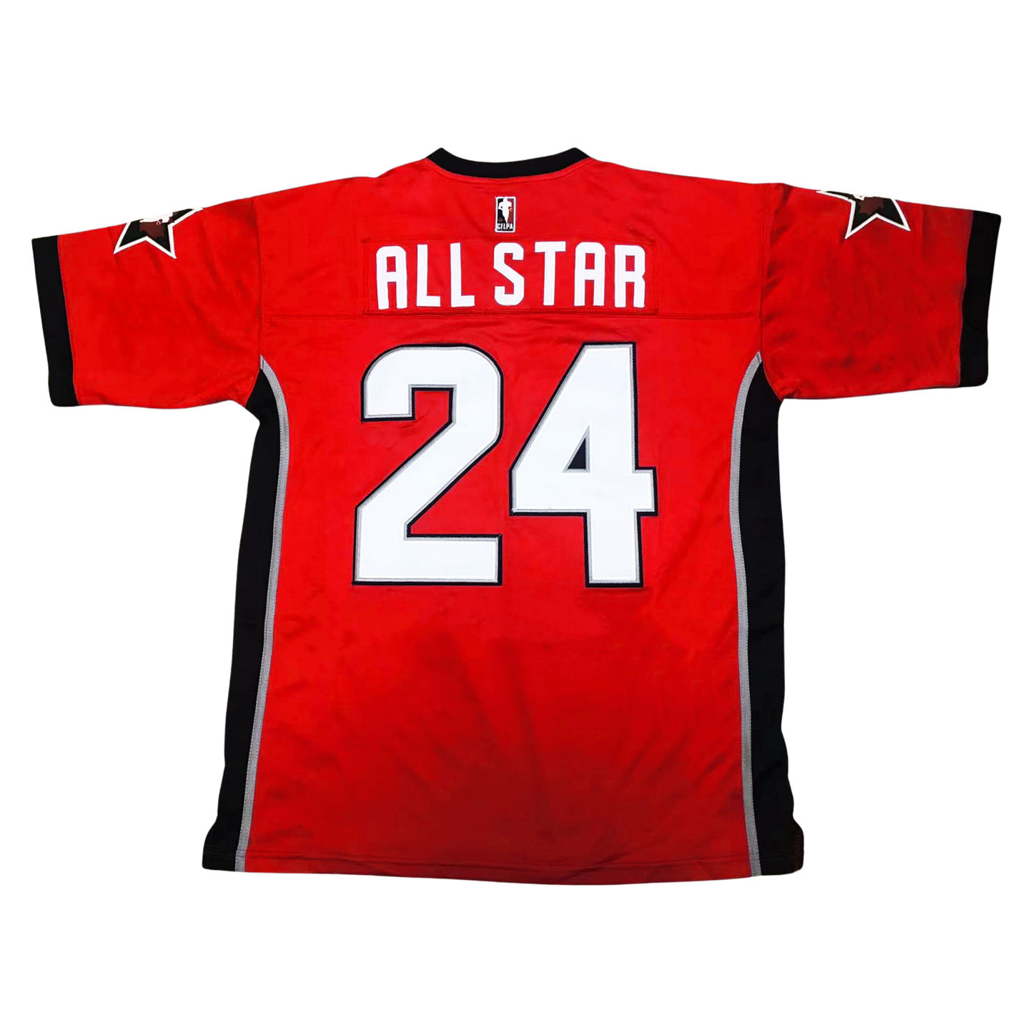 CFPA All-Star jersey red. BACK. Red shoulder and sleeves. Black stripes with silver trim down sides. Black sleeve ends. CFLPA logo on upper left chest. #24 in white with black trim. ALL STAR in white above numbers. Black star with white trim on each sleeve. Royal Retros.