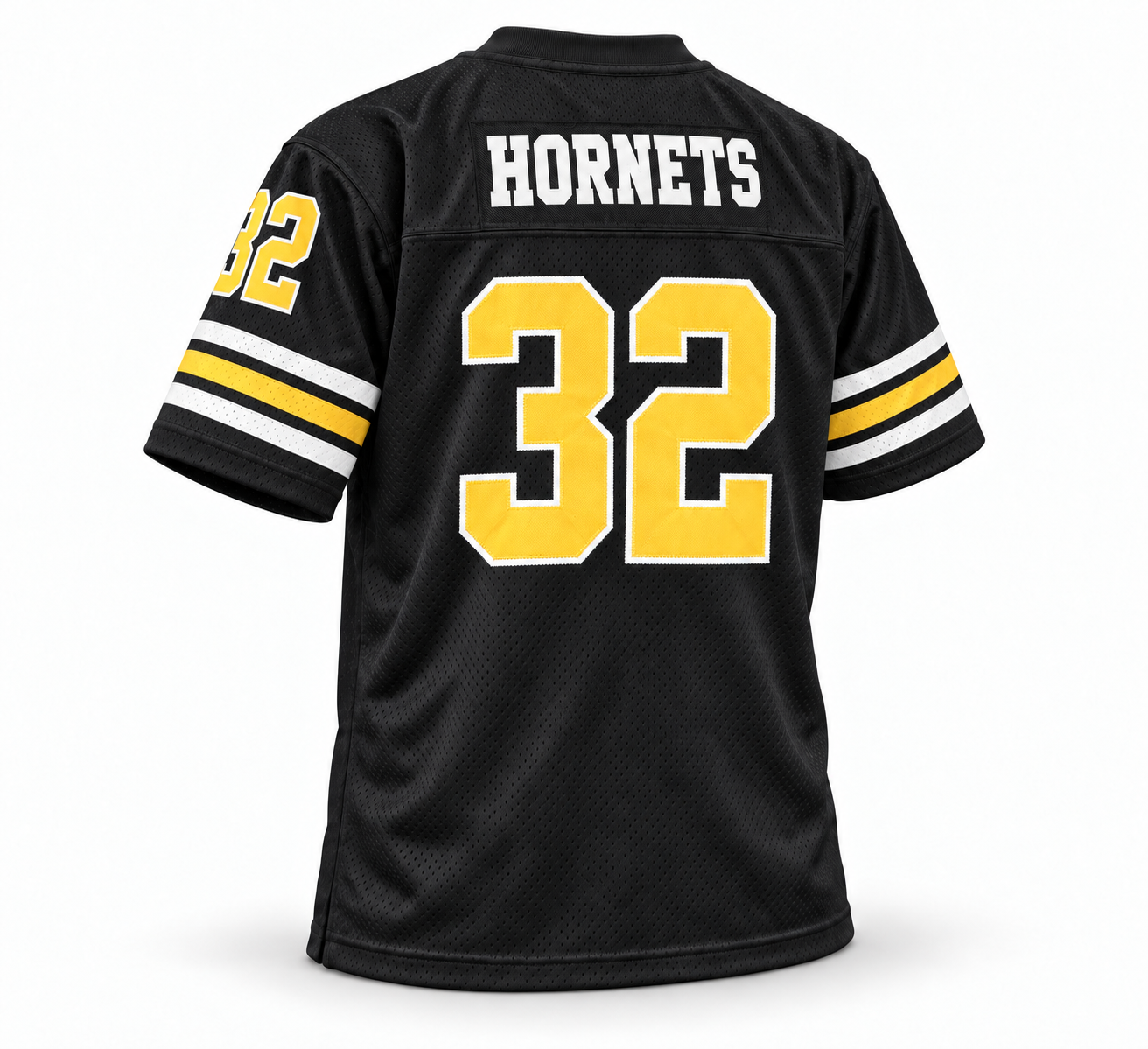 Charlotte Hornets WFL jersey, black with white HORNETS name and athletic gold number 32, back view