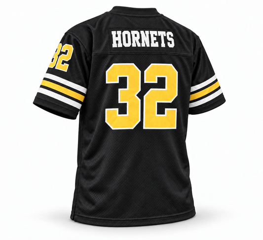 Charlotte Hornets WFL jersey, black with white HORNETS name and athletic gold number 32, back view
