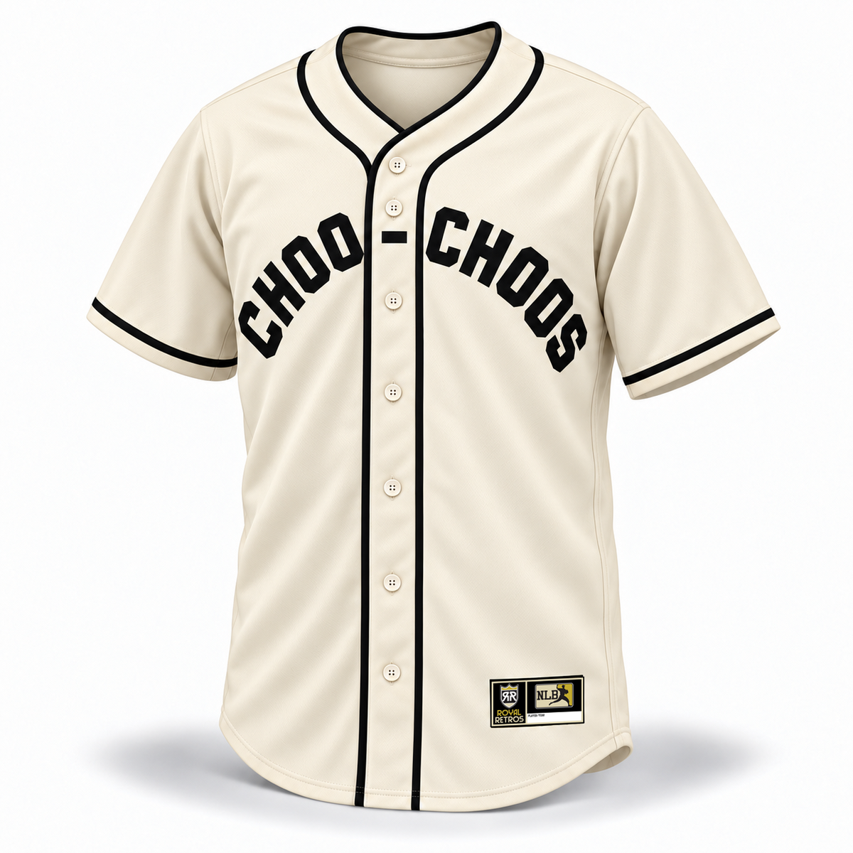 Chattanooga Choo-Choos NLB jersey cream front mockup with arched black CHOO-CHOOS block lettering, crossover piping, cream buttons and original NLB jock tag