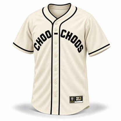 Chattanooga Choo-Choos NLB jersey cream front mockup with arched black CHOO-CHOOS block lettering, crossover piping, cream buttons and original NLB jock tag